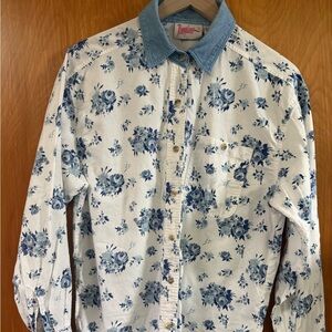NWOT Women’s Vintage Pennylane Button Down Large Blue Floral Cotton